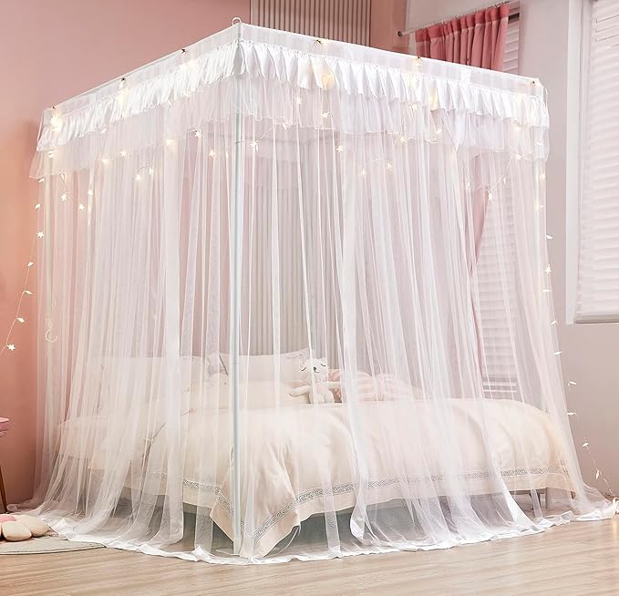 Mengersi Princess 4 Corners Post Bed Curtain Canopy Mosquito Netting (White, Twin)