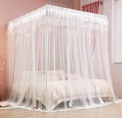 Mengersi Princess 4 Corners Post Bed Curtain Canopy Mosquito Net Princess Canopies (White, Full)