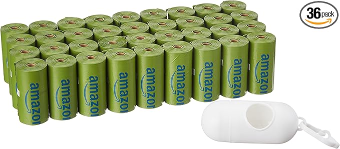 Amazon Basics Dog Poop Bags with Dispenser, 540 Count, Enhanced for Guaranteed Leakproof, Talcum Powder Scented, Includes Leash Clip-Mewly Pet