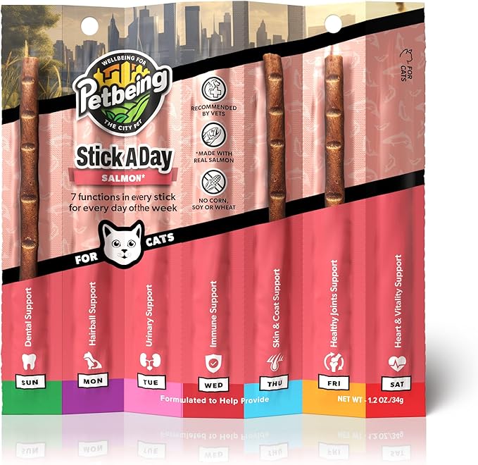 Stick a Day | Specially Formulated 7-in-1 Functions Daily Real Meat Supplement for Cats | Cat Chew Stick & Pet Vitamins Supplements Combination (7-Pack x 4, Mix)-Mewly Pet