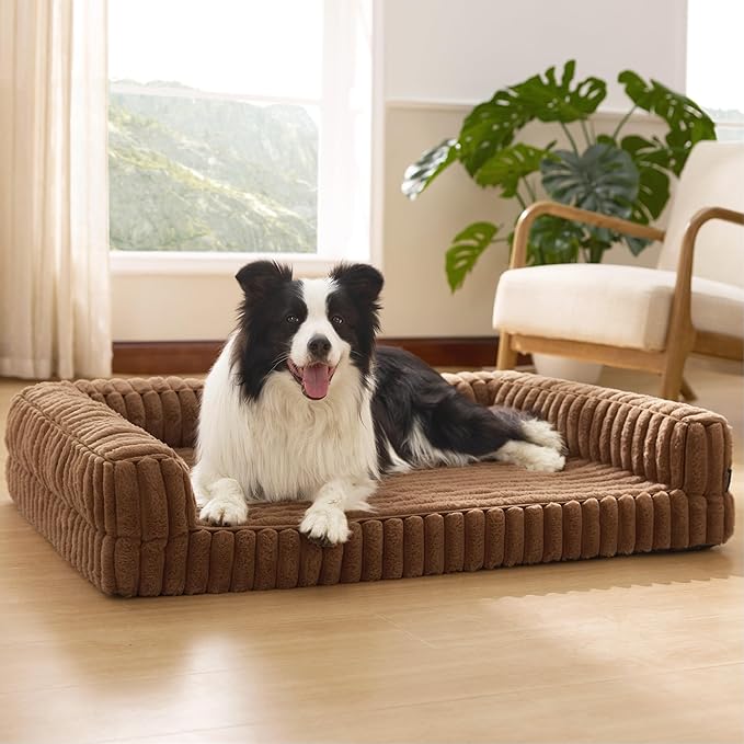 Bedsure Orthopedic Dog Beds Large Sized Dog, Waterproof Memory Foam Pet Bed with Sides, Non-Slip Bottom and Egg-Crate Foam Large Pet Couch Sofa with Washable Removable Corduroy Cover, Brown-Mewly Pet