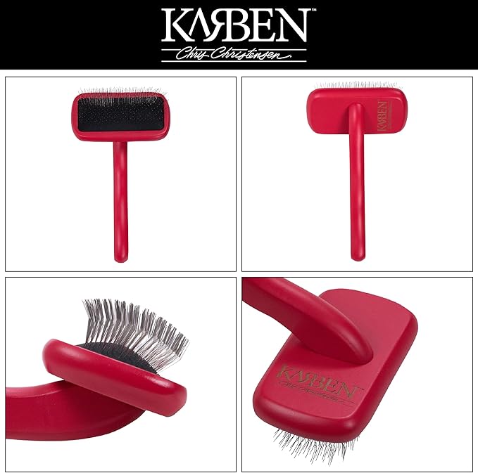 Chris Christensen Karben II Slicker Brush for Dogs, Groom Like a Professional, Ideal For All Coat Types, Remove Shedding Coat, Tangles and Dead Undercoat, 17 mm Stainless Steel Pins, Red, Small-Mewly Pet