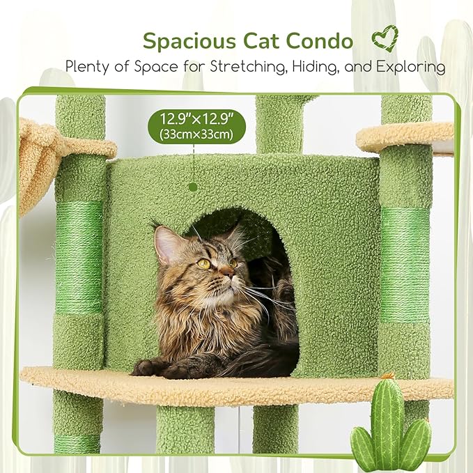 Globlazer Cactus Corner Cat Tree Tower with Scratching Post for Indoor Cats, 51in Multi-Level Cat Condo Tower with Large Hammock, Fan-Shaped Padded Perch, Spacious Cat Cave, Hanging Basket, C51, Green-Mewly Pet