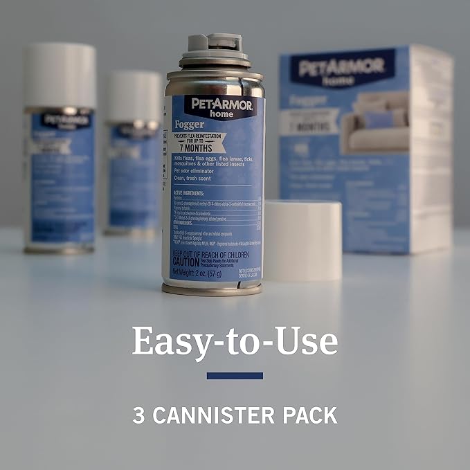 PetArmor Home Fogger, Kills Fleas, Ticks, Mosquitoes & Other Listed Insects, Helps Eliminate Pet Odor, Clean Fresh Scent, Protects for 7 Months, 3 2oz Canisters-Mewly Pet
