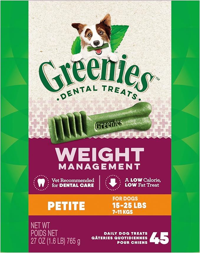Greenies Weight Management Petite Dog Dental Chews Weight Control Dog Treats, 27 oz. Pack (45 Treats)-Mewly Pet