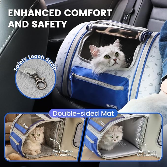 Cat and Dog Backpack Carrier, Foldable Breathable Pet Carrier Backpack with Mesh Ventilation, Large Portable Outing Traveling Pet Bag for Small, Medium Cats, Small Dogs, Blue-Mewly Pet