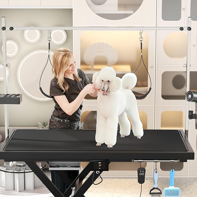 Electric Pet Grooming Table for Large Dogs - Professional Heavy Duty Height Adjustable Pet Grooming Station with Anti Slip Tabletop, Two Nooses & Tool Organizer, Maximum Capacity Up to 250 lbs Black-Mewly Pet