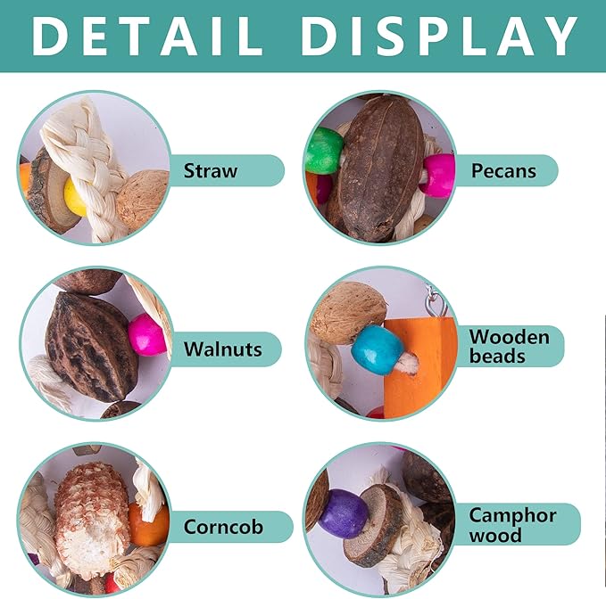 Deloky Large Parrot Bird Chewing Toys, Natural Nuts Corn Parrot Tearing Toy, Wooden Bird Cage Toy for African Grey, Macaws Cokatoos, Amazon Parrots and Other Large Birds-Mewly Pet