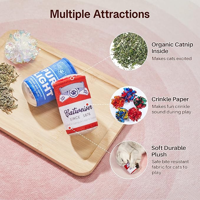 Potaroma Beer-Simulation Cat Toys 2Pcs Catnip Crinkly Sound Toy, Durable Kitten Bite Kicker Toys, Indoor Feline Exercise 4.0 Inches for All Breeds-Mewly Pet