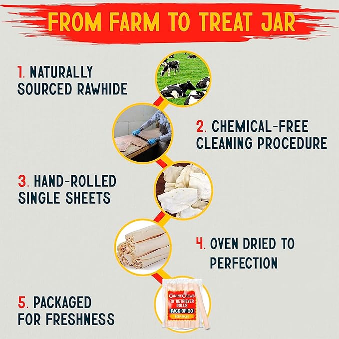 Canine Chews 10" Dog Rawhide Retriever Rolls - Bones for Large Dogs (20 Pack) - 100% USA-Sourced Natural Beef - Single Ingredient - Healthy Dental Chew-Mewly Pet