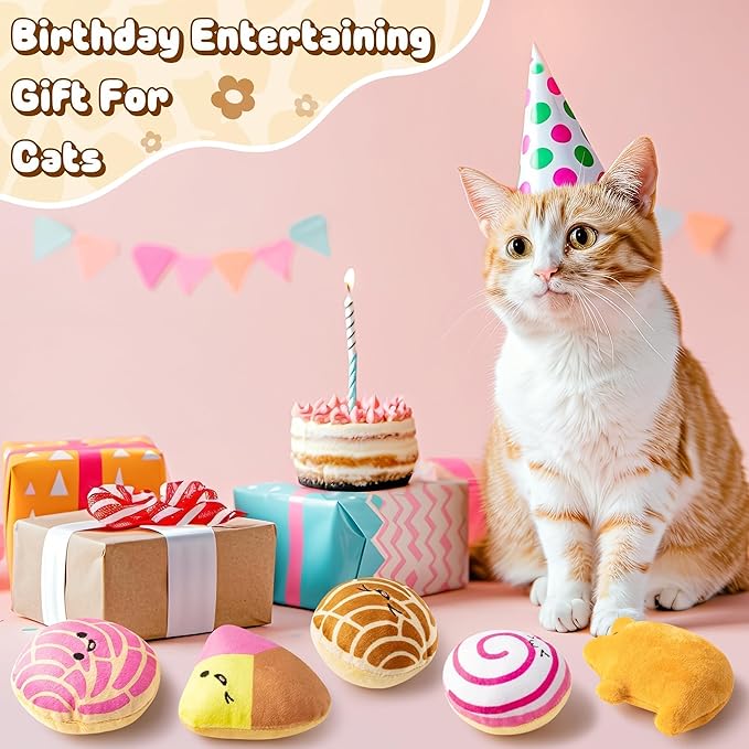 L1rabe Mexican Catnip Stuffed Toys - Hispanic Heritage Month 5Pcs Concha Cafecito Pan Dulce Funny Cat Toys for Cat Lovers Indoor Kitten Chew Bite Kick Non-Toxic Pet Supplies Kitten Birthday Presents-Mewly Pet