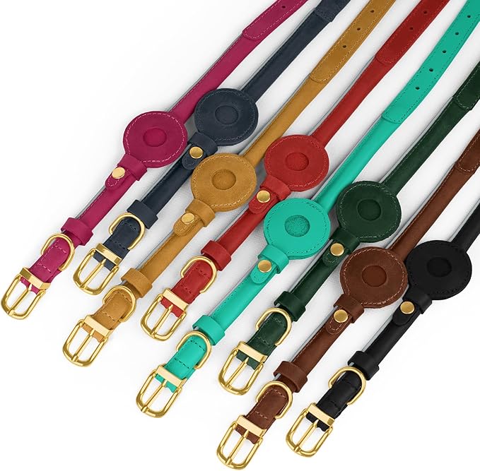 OOPSDOGGY Rolled Leather Dog Collar with Airtag Holder - Reflective Round Airtag Dog Collar - Soft Tracking Pet Collar for Small Dogs Puppy Cats Kitten (Camel, S, 10"-13")-Mewly Pet