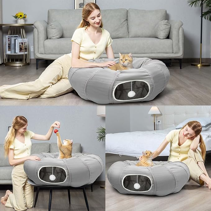 AUOON Cat Play Tunnel - Round Cat Tunnel with Bed | Interactive Cat Toys for Indoor Cats Kitten Kitty Puppy Rabbit Ferret (Light Grey)-Mewly Pet