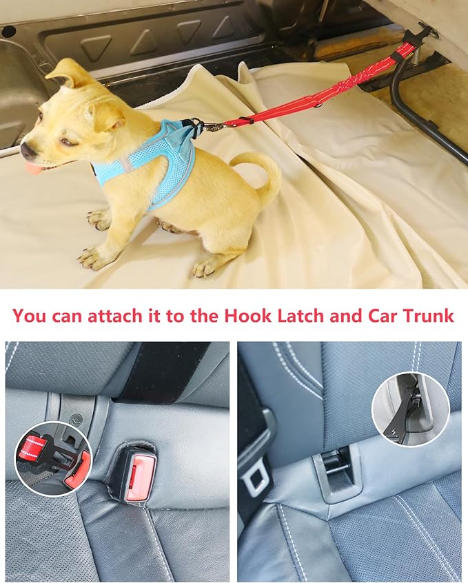 AUBELL Dog Seat Belt for Car,Updated 3-in-1 Adjustable Reflective Bungee Heavy Duty Dog Car Harness Tether with Clip Hook Latch & Buckle,Swivel Zinc Alloy Carabiner,Red-Mewly Pet