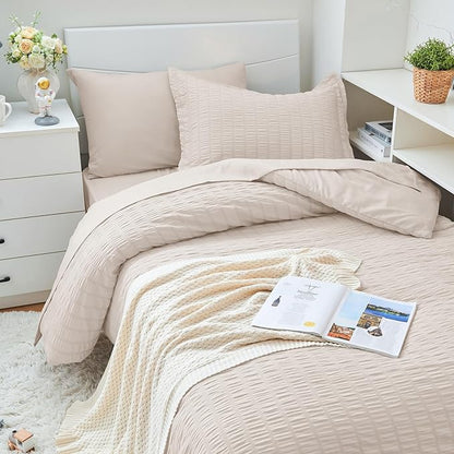 HYMOKEGE Beige Twin XL Comforter Set Seersucker 5 Pieces, All Season Luxury Bed in a Bag for Bedroom, Bedding Set with Comforter, Sheets, Pillowcase & Sham