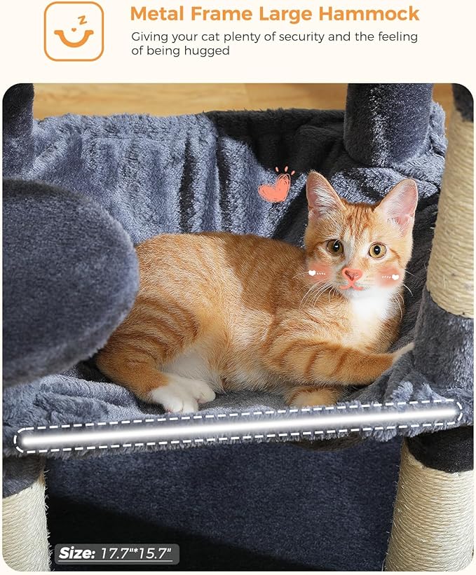 Cat Tree for Indoor Cats, 45.7" Multi-Level Cat Tower with Large Metal Frame Hammock, Cat Condo with 4 Scratching Posts and Top Perch for Small Medium Cat, Dark Grey-Mewly Pet