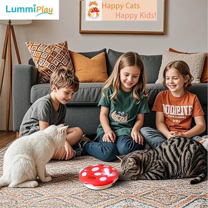 Interactive Cat Toy Automatic Mushroom - Whack-a-Mole Game with Rotating Feathers for Indoor Cats, Hide & Seek Rechargeable Toys Boredom Relief Adult Kittens, Safe Chew Proof Design (Red)-Mewly Pet