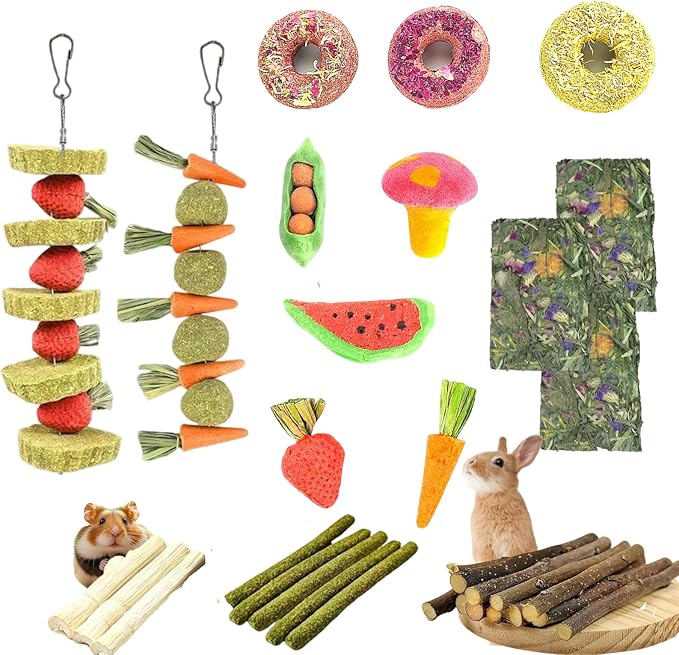 31 Pcs Small Pet Chew Toys for Dental Health - Natural Apple Wood, Timothy Grass Sticks & Sweet Bamboo, Teeth Grinding Toys for Rabbits, Guinea Pigs, Hamsters, Chinchillas Cage Accessories-Mewly Pet