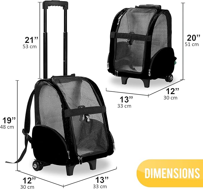 KOPEKS Deluxe Backpack Pet Travel Carrier with Double Wheels for Pets up to 10 Pounds - Black - Approved by Most Airlines-Mewly Pet