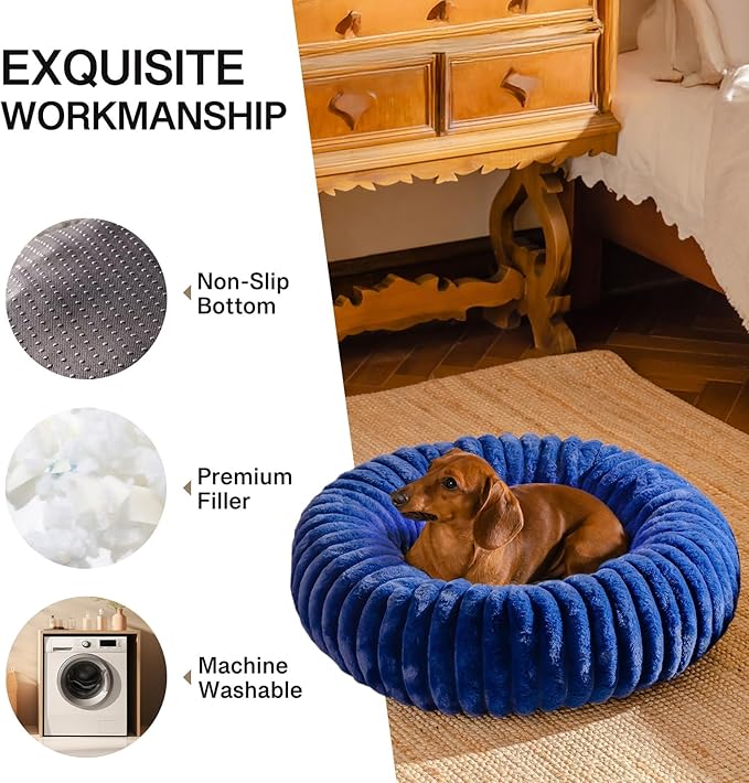 MEWOOFUN Donut Dog Beds for Small Dog, Calming Bed Round Cute Puppy Bed with Non-Slip Bottom, Fluffy Washable Pet Bed for Puppy and Kitten (Navy Blue, XS (20x20x6))-Mewly Pet