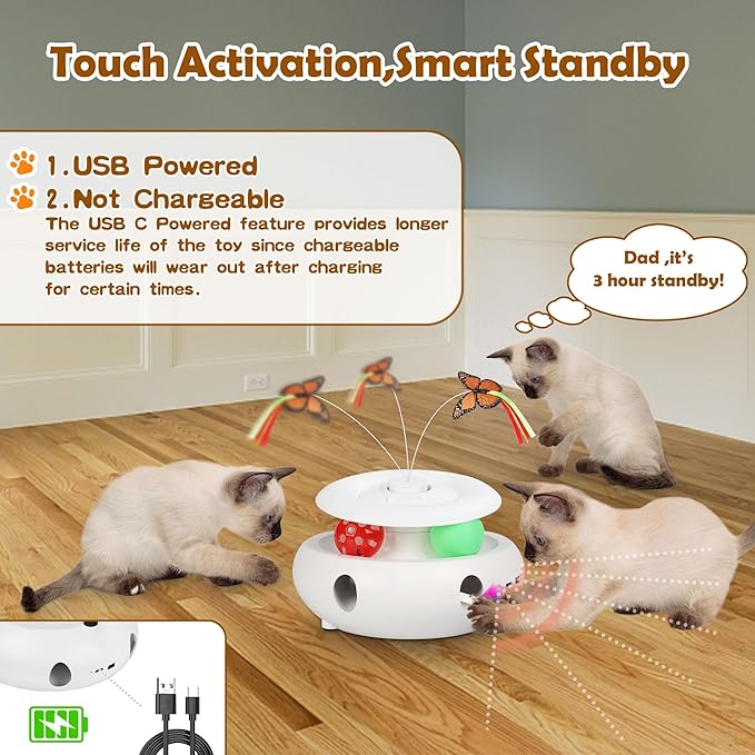 Cat Toys,3-in-1 Interactive Cat Toys for Indoor Cats,Rechargeable Automatic Interactive Cat Toy with Fluttering Butterfly,Smart Sensor 6 Holes Mice Whack-A-Mole and Track Balls, White-Mewly Pet