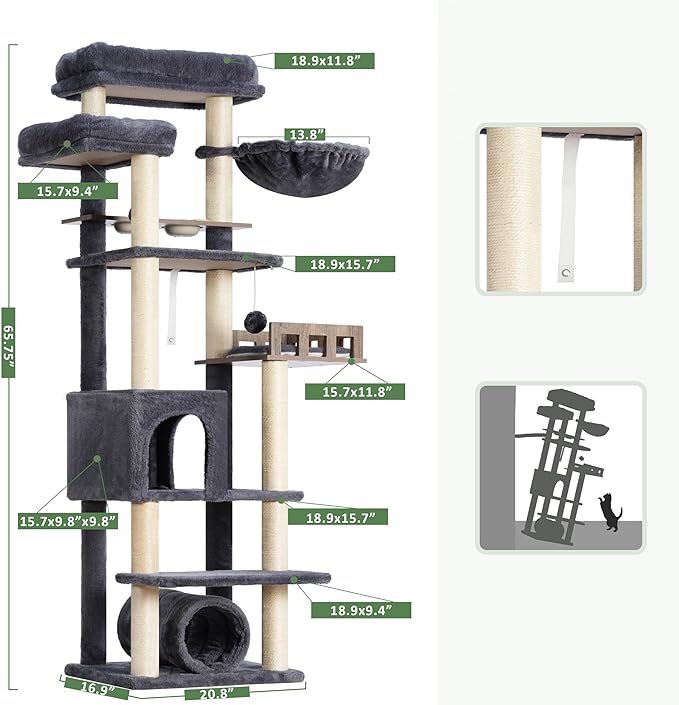 Cat Tree with Tunnel, Cat Tower for Indoor Cats, Tall Cat Tree Tower with Cat Condo, Food Station, Large Platform, Scratching Posts, Hammock, Smoky Gray GCT021G-Mewly Pet