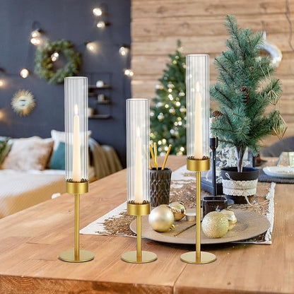 Glass Hurricane Candle Holders Set (6pcs)-Gold Metal Base Taper Candle Stick Holders for Candlesticks Holder Decor, Elegant Dining Table Centerpiece for Wedding, Christmas & Home Decor-Ribbed Glass