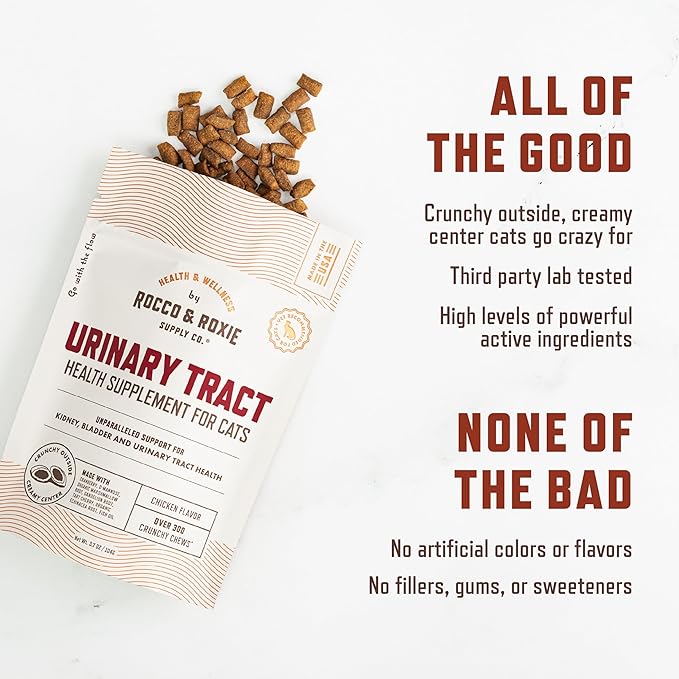 Rocco & Roxie Cat Urinary Tract Health Supplement, Cranberry and D-Mannose for Kidney, Bladder, and UT Support, Vet Recommended Chicken Flavored Crunchy Chews Cats Love, Made in USA-Mewly Pet