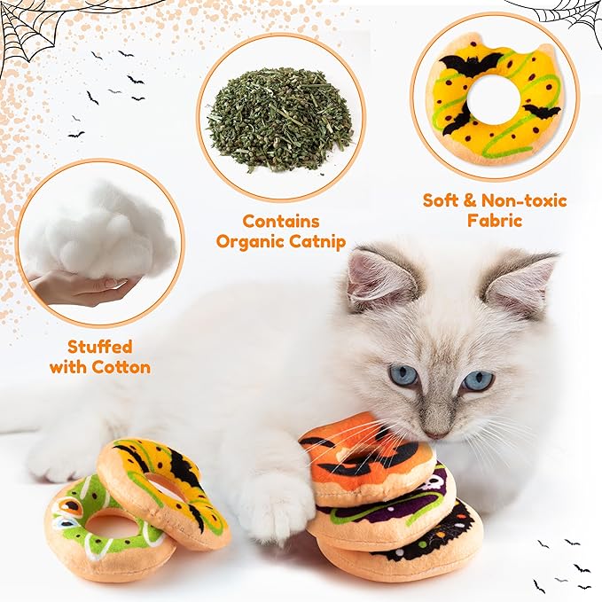 L1rabe Halloween Donut Catnip Stuffed Toys - 5 Funny Pumpkin Bat Spider Dessert Cat Toys Pet Supplies, Indoor Cats Chew Bite Teething Tools Kittens Catmint Birthday Interactive Supplies-Mewly Pet
