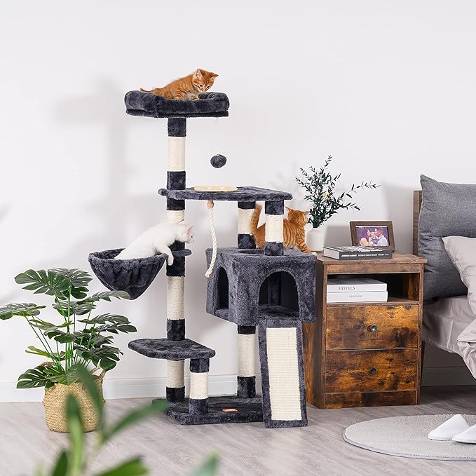 Heybly Cat Tree, Cat Tower for Indoor Cats with Scratching Board, Multi-Level Cat Furniture Condo with Feeding Bowl, Smoky Gray HCT010G-Mewly Pet