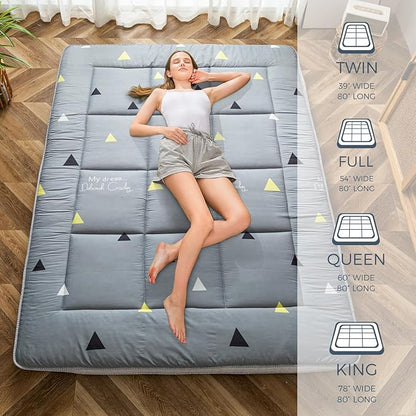 MAXYOYO Grey Triangle Futon Mattress, Padded Japanese Floor Mattress Quilted Bed Mattress Topper, Extra Thick Folding Sleeping Pad Breathable Floor Lounger Guest Bed for Camping Couch, Full