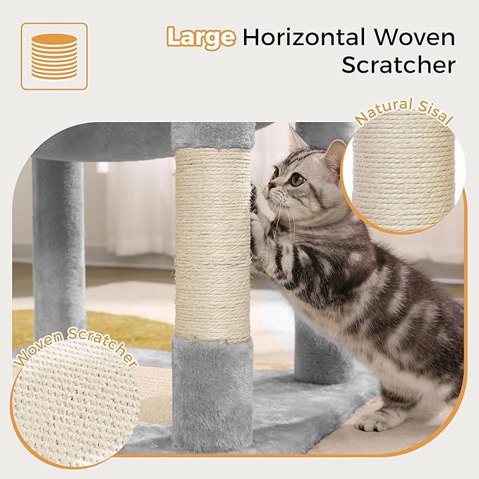 72” Cat Tree for Large Cats Big Cat Tower with Enlarged Hammock 21.6x17.7” Spacious Cats Condo House and Roomy Top Bed and Multiple Scratch Posts for Indoor Adult Cats (Grey, XLarge-72)-Mewly Pet