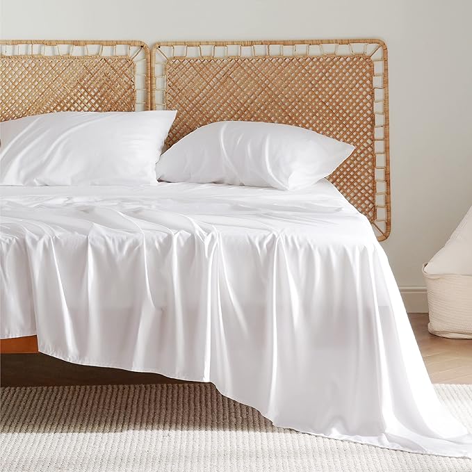 Bedsure Full Size Sheets, Cooling Sheets Full, Rayon Derived from Bamboo, Deep Pocket Up to 16", Breathable & Soft Bed Sheets, Hotel Luxury Silky Bedding Sheets & Pillowcases, White
