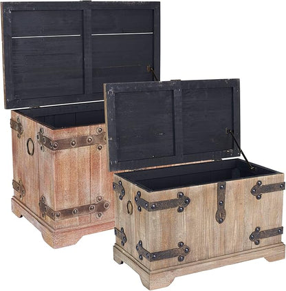 Household Essentials 2 Piece Decorative Trunks, Victorian Set, Small and Large, Chinese Fir Wood, Aged-Wood Finish with Metal Accents, Fully Opening Lid, Stout Design, Ring Handles