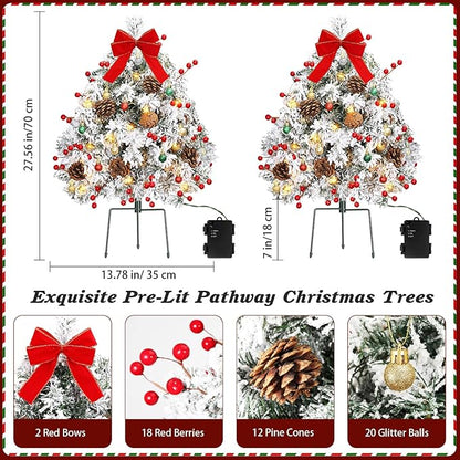Lewondr Set of 2 Prelit Pathway Christmas Trees, 27.56" Outdoor Christmas Tree with 50 LED Lights, Pine Cones Red Berries, Battery Operated Outdoor Xmas Decor for Yard Home Porch, White Snowflake