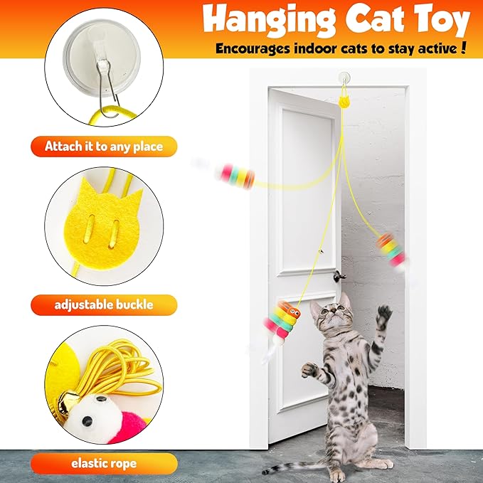 Cat toy pack with 27PCS self play accessories for indoor cats-cat teaser wand, fishing pole, suction cup, ball, string, mouse, feathers and hanging interactive cat toys for kitten Exercise & Chase-Mewly Pet