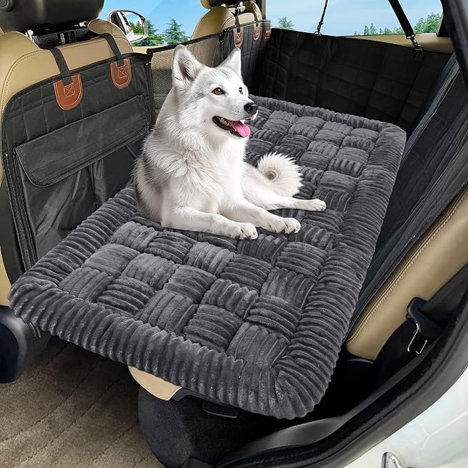 Dog Car Bed Mat, Non-Slip Backseat Extender Pet Blanket, Plaid Dog Bed for Trucks, Sedans & Large SUVs, Chew-Resistant Travel Pad for Dogs, Easy Clean & Scratch-Proof & Comfort（56"x28.7" Gray-Mewly Pet