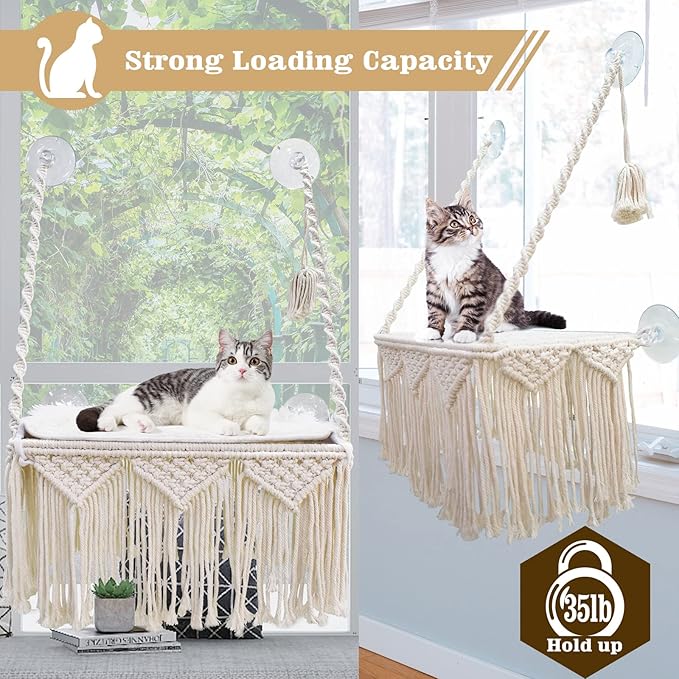 Cat Window Perch Macrame Cat Hammock Boho Wall Mounted Pet Resting Seat Bed for Sunbathing, Napping & Overlooking with 4 Seat Suction Cups & Fleece Blanket & Knitted Ball Toy - Weighted up to 35lbs.-Mewly Pet