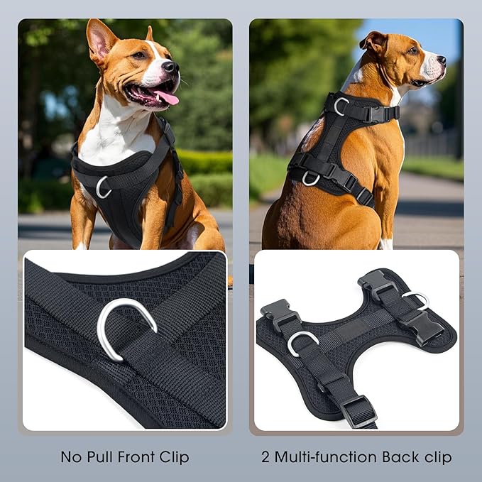 Wisedog Mesh Breathable Dog Harness: No Pull Harness with 3 Fast-Release Buckles Adjustable for Walking & Training for Small Medium Large Dogs (Black, L: Neck=20"-25"/Chest=17"-33")-Mewly Pet