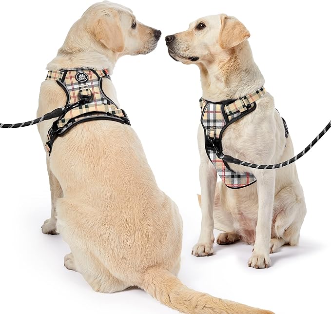 NESTROAD No Pull Dog Harness with Leash, Reflective No Choke Pet Vest Harness,Adjustable Soft Padded Dog Harness with Easy Control Handle for Large Dogs(Checkered Beige,X-Large)-Mewly Pet