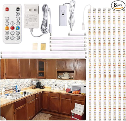 WOBANE Under Cabinet Lights, Kitchen LED Lighting Kit, 8 PCS 20inch LED Strip Light Bars with 24W Plug, RF Remote, Dimmable for Under Counter, Cupboard, Shelf, Showcase, Desk 6500K White,1900LM,13ft