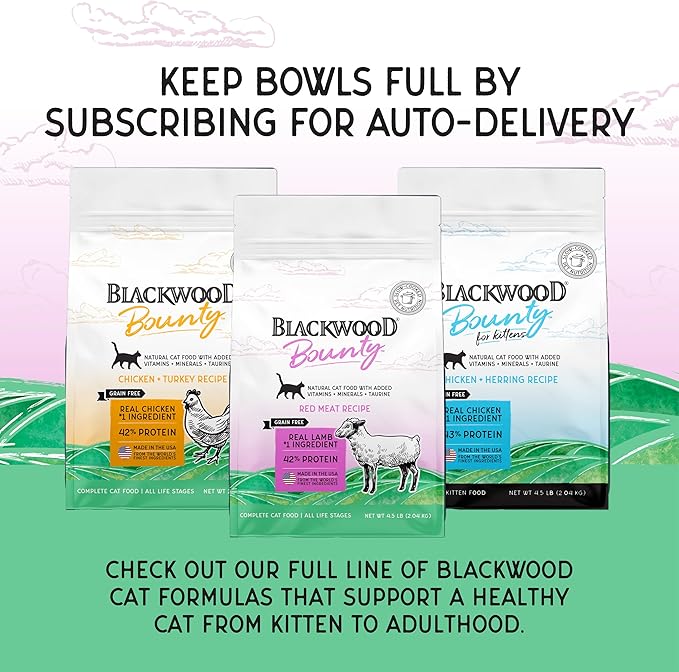 Blackwood Bounty Dry Cat Food, Red Meat Recipe for All Life Stages, 4.5 Pound Bag, High Protein, Grain Free-Mewly Pet