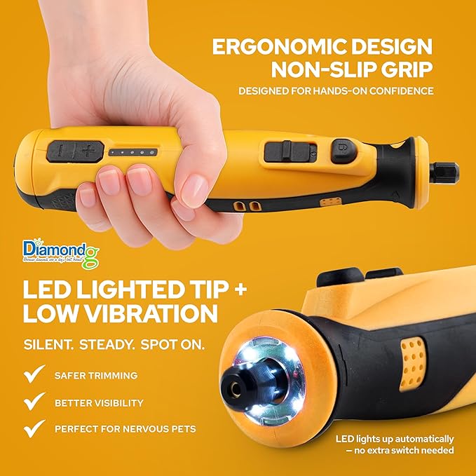 Diamondg Cordless Dog Nail Grinder with Quiet Sound & LED Tip for Large & Small Dogs, 4hrs. Runtime - Electric Dog Nail Trimmer, Heavy Duty Rotary Tool Alternative to Toenail Clippers & Filers-Mewly Pet