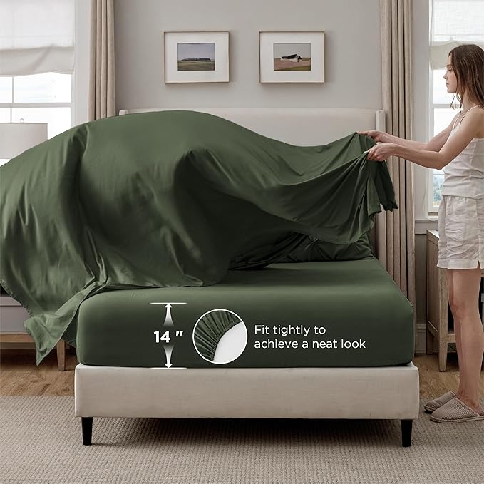 Bedsure Queen Comforter Set Olive Green - Bed in a Bag Queen Size Bedding 7 Pieces, GentleSoft™ Pintuck Bed Set Gift for Family, Pinch Pleat All Season Comforter with Sheets, Pillowcases & Shams