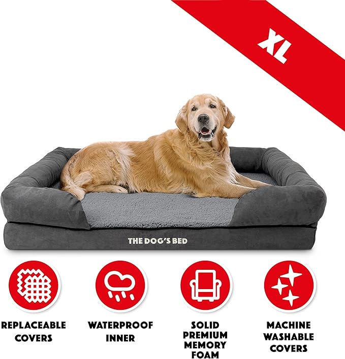 The Dog’s Bed, XL Grey Plush 43.5x34,Solid Memory Foam, Pain Relief: Arthritis, Hip & Elbow Dysplasia, Post Surgery, Lameness, Supportive, Calming, Waterproof Washable Cover, Veterinary Approved-Mewly Pet