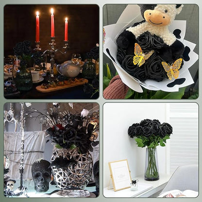 Black Roses Artificial Flowers 50 Pack in Bulk, Fake Roses Flowers Realistic Roses for Halloween Gothic Wedding Home Party Decoration Event Gift (Black)