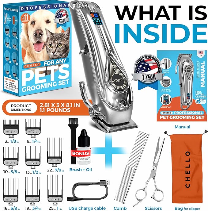 Full Metal Professional Dog Clippers for Grooming, Rechargeable, Low Noise Cordless, Pet Hair Clippers for Large Dogs, Heavy Duty Use with LED Display-Mewly Pet