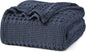 PHF 100% Cotton Waffle Weave Blanket Queen Size for Bed, Soft Lightweight & Breathable, All-Season Comfort, Luxury Aesthetic Woven Bedding for Home Decor, 90"x90", Indigo