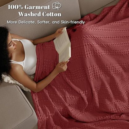 PHF 100% Cotton Waffle Weave Blanket Queen Size for Bed, Soft Lightweight & Breathable, All-Season Comfort, Luxury Aesthetic Woven Bedding for Home Decor, 90"x90", Wine Red