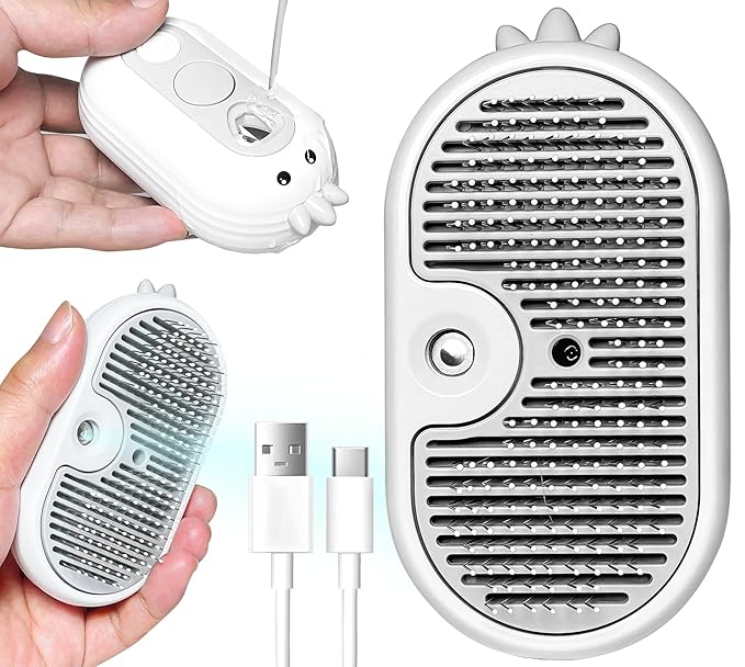 3-in-1 Rechargeable Steam Brush for Cats & Dogs - Anti-Static Spray Pet Grooming Brush with Warm Mist Massage, Hair Shedding Control, Detangling Comb & Cleaning Tool for Effective Deshedding-Mewly Pet